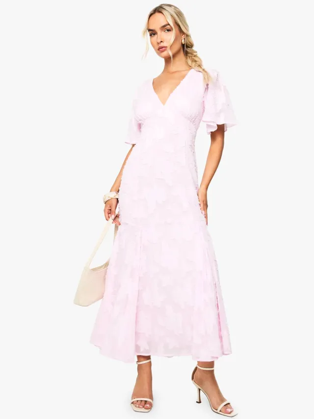 boohoo Dames Burnout Bloemen Engelenmouwen Midaxi Jurk Roze