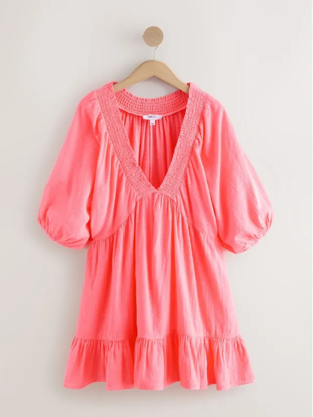 Next Dames - Mini-jurk met V-hals en pofmouwen - Roze Coral Pink
