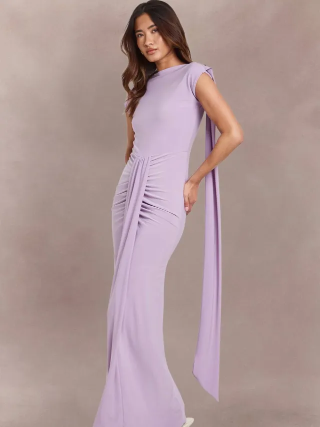 boohoo Dames Dubbellaags Slinky Maxi Jurk Met Aangeknipte Hals En Gedrapeerd Voorpand lila, foto 3