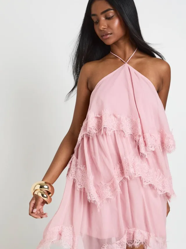 boohoo Dames Gekreukte Chiffon & Kant Gelaagde Mini Jurk Stoffig Roze