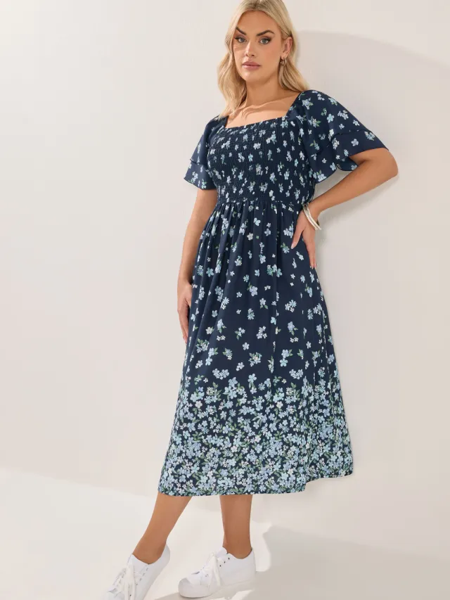 Yours Marineblauwe Maxijurk Met Bloemenprint En Smokwerk Blue