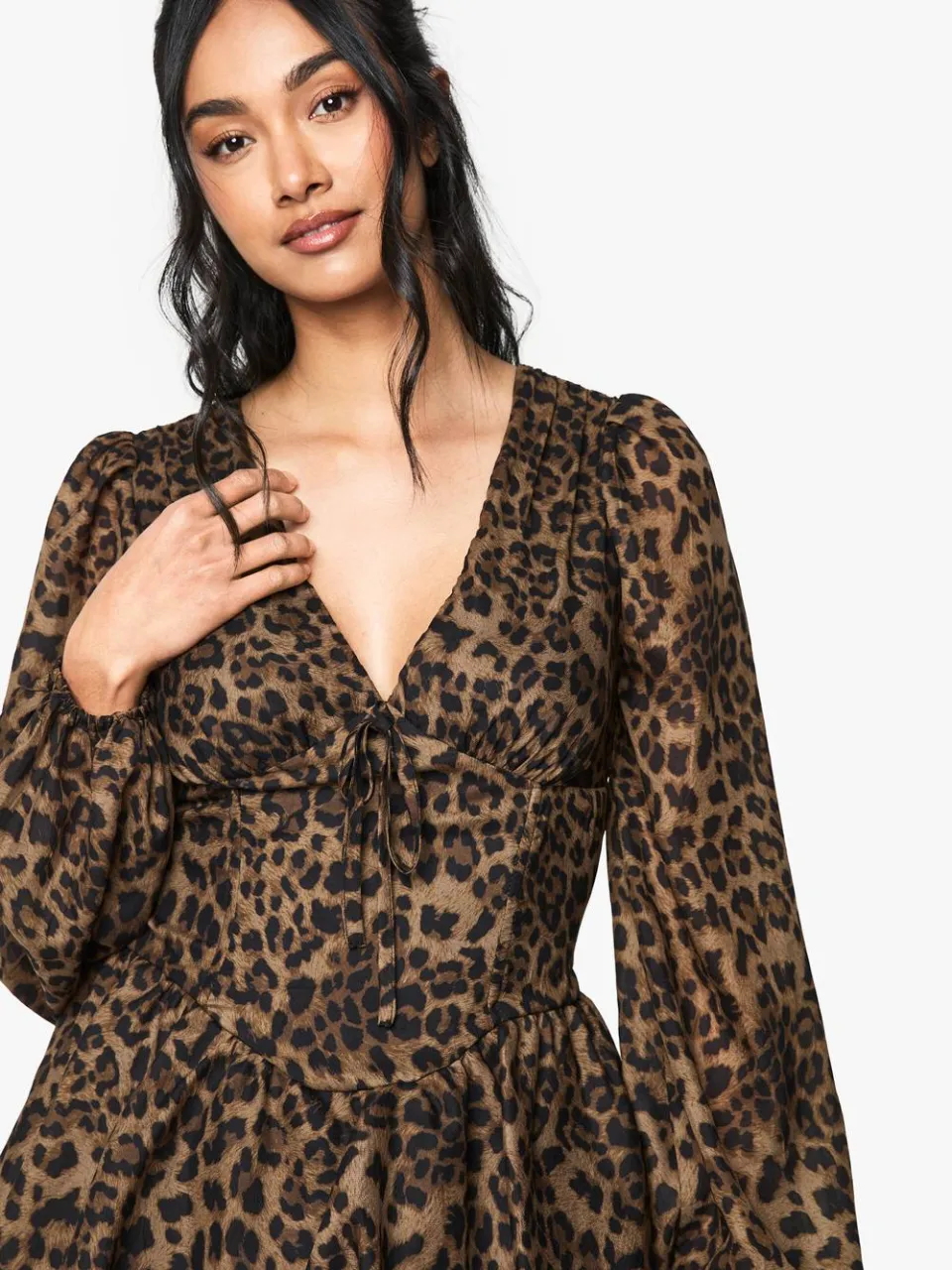boohoo Dames Chiffon luipaardprint pofmouw melkmeisje skaterjurk, foto 4