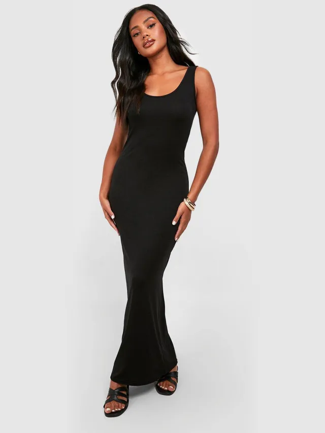 boohoo Dames Petite Basic Scoop Neck Maxi Jurk Zwart