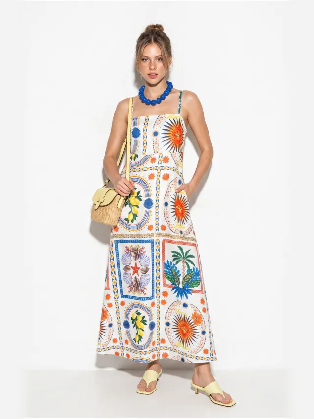 Bianco Lucci Mouwloze maxi-jurk met print en vierkante hals Veelkleurig
