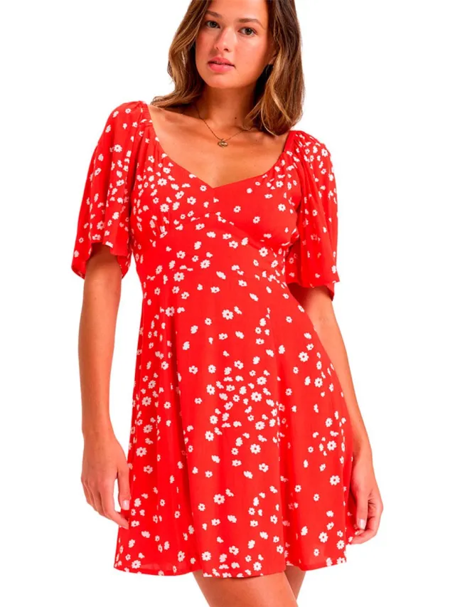 Roxy Mercado Crinkle Korte Mouwen Korte Jurk Rood XS Vrouw Poppy Red Dancing Ditsy