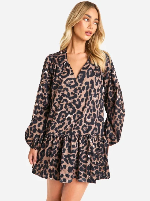 boohoo Dames Leopard Drop Hem Smock Jurk Bruin