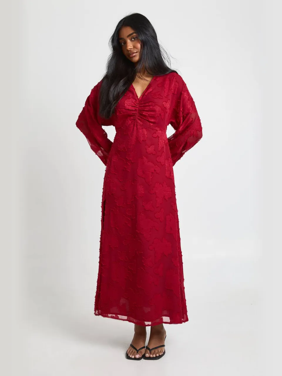 boohoo Dames Bloemen Burnout Volumineuze Mouw Midi Jurk merlot, foto 2