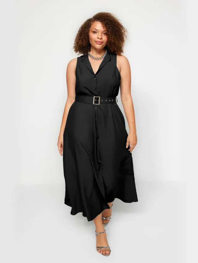 Trendyol Curve Dames Zwart Effen Maxi Mouwloos Casual Blousejurk Grote maten Jurk