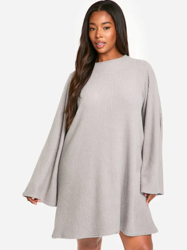 boohoo Dames Plus Soft Rib Tie-back Smock Jurk grijze mergel