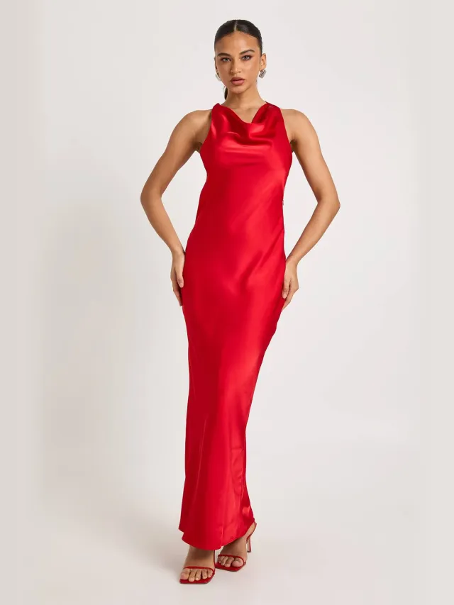 boohoo Dames Gedrapeerde rug satijnen maxi-jurk Rood