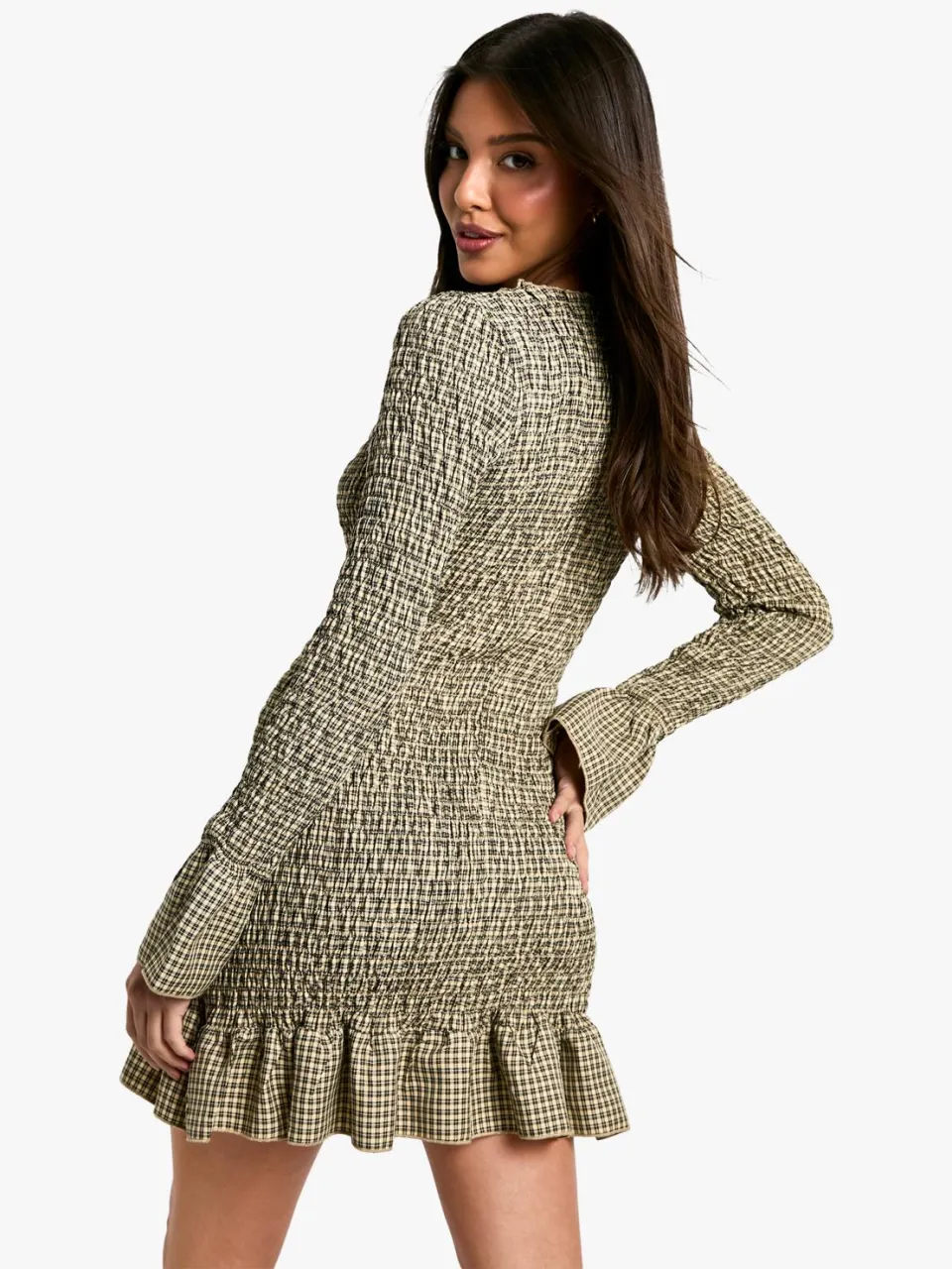 boohoo Dames Geruite Shirred Mini Jurk met Lange Mouwen kaki, foto 2