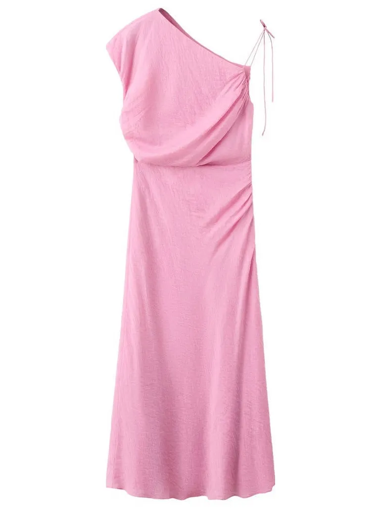 Mango one shoulder viscose midi jurk - lichtroze, foto 2