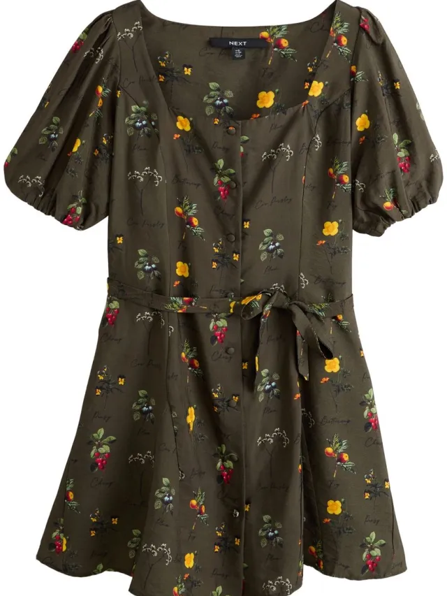 Next Dames - Mini-jurk met knopen en pofmouwen - Groen