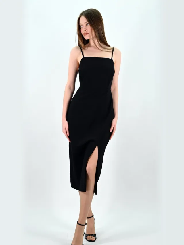 YESMOOI Elegante Midi Jurk met Spaghettibandjes - Slip Dress - Zwart - L (40)