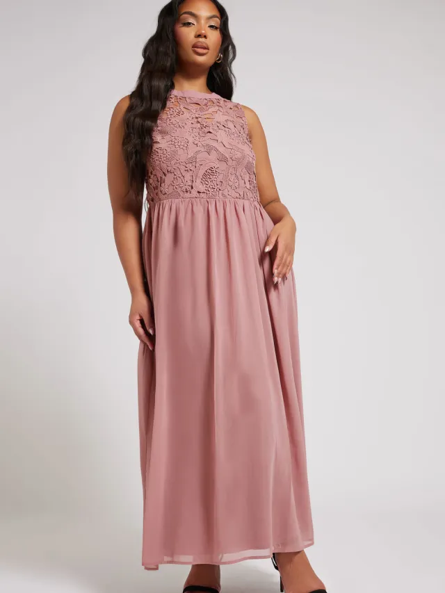 Yours London Lange Bruidsmeisjesjurk Van Chiffon Met Bloemenkant In Oudroze Pink