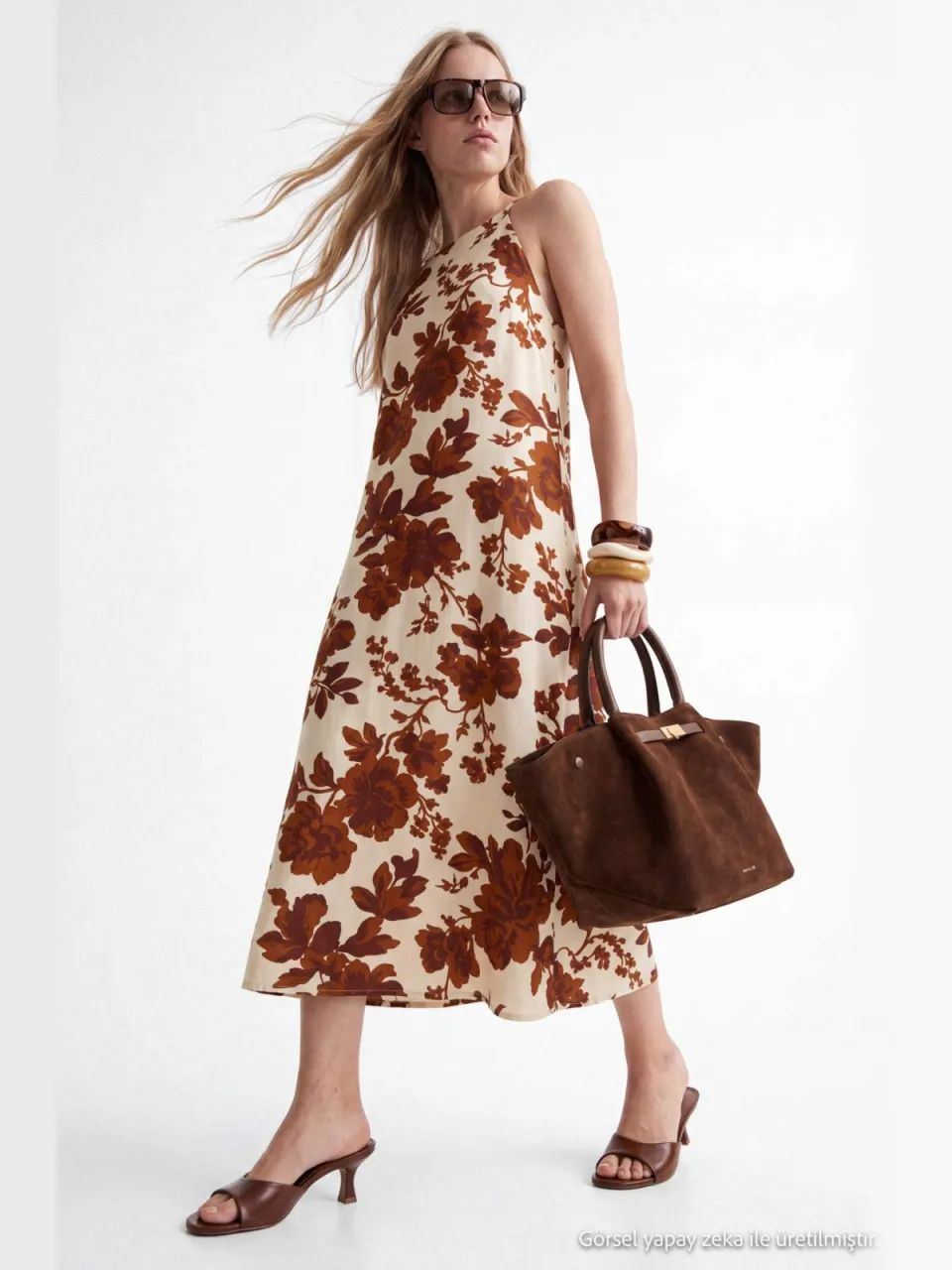 Trendyol TRENDYOLMİLLA Dames Bruin Bloemen Midi Mouwloos A-lijn Jurken
