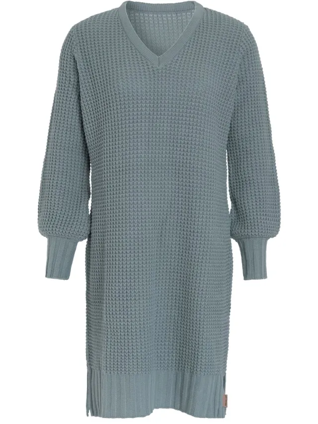 Knit Factory Robin Dames Jurk - Gebreide Trui Jurk - Wollen jurk - Herfst- & winterjurk - Wijde jurk - V-hals - Stone Green - 36/38 - Knielengte