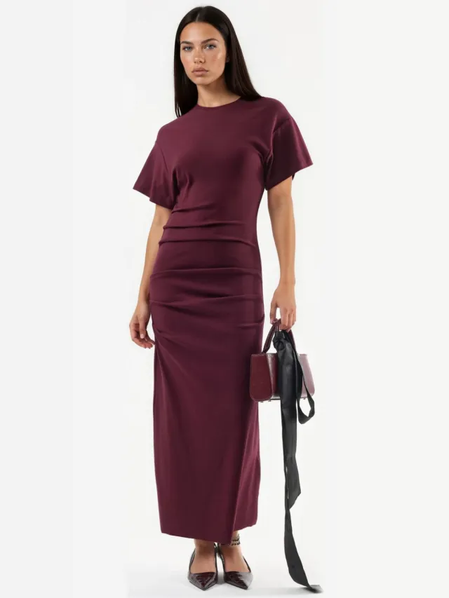 Busem Effen Mouwloze Bodycon Midi Jurk Bordeauxrood