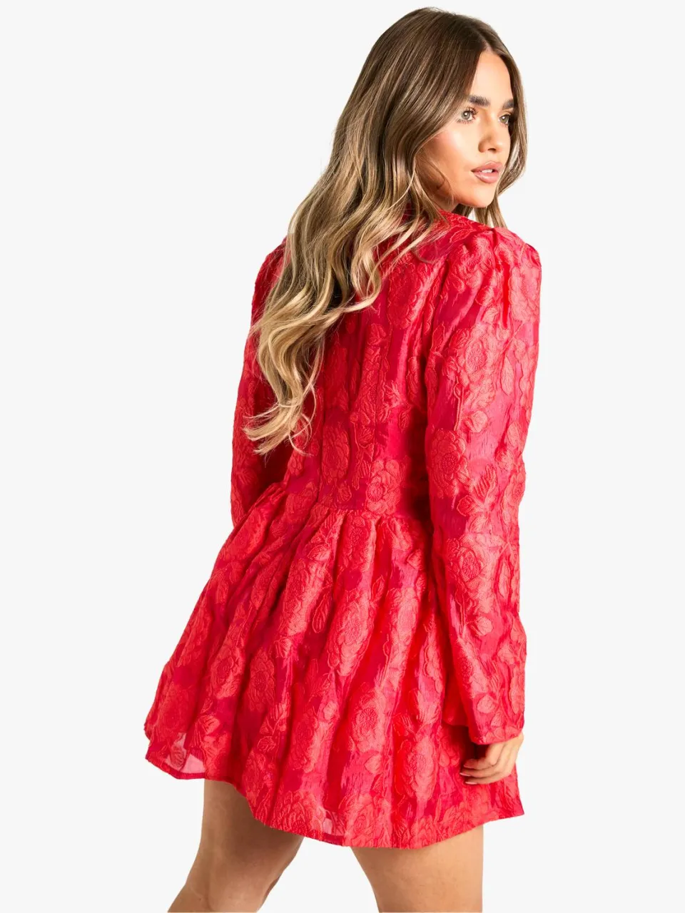 boohoo Dames Petite Jacquard Floral Corset Detail Skater Jurk rood, foto 2