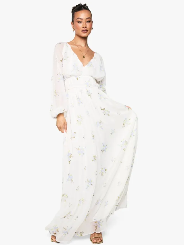 boohoo Dames Lange Chiffon Maxi-Jurk met Florale Print, Volumineuze Mouwen en Gerimpelde Taille Ivoor