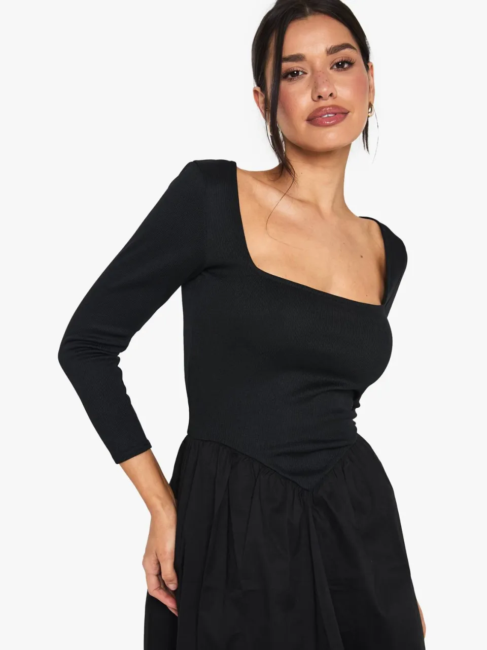 boohoo Dames Lange jersey rib katoenmengsel mini-jurk met lange mouwen zwart, foto 3