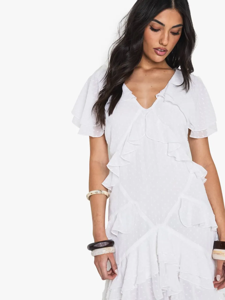 boohoo Dames Dobby Frill Detail Maxi Jurk ivoor, foto 3