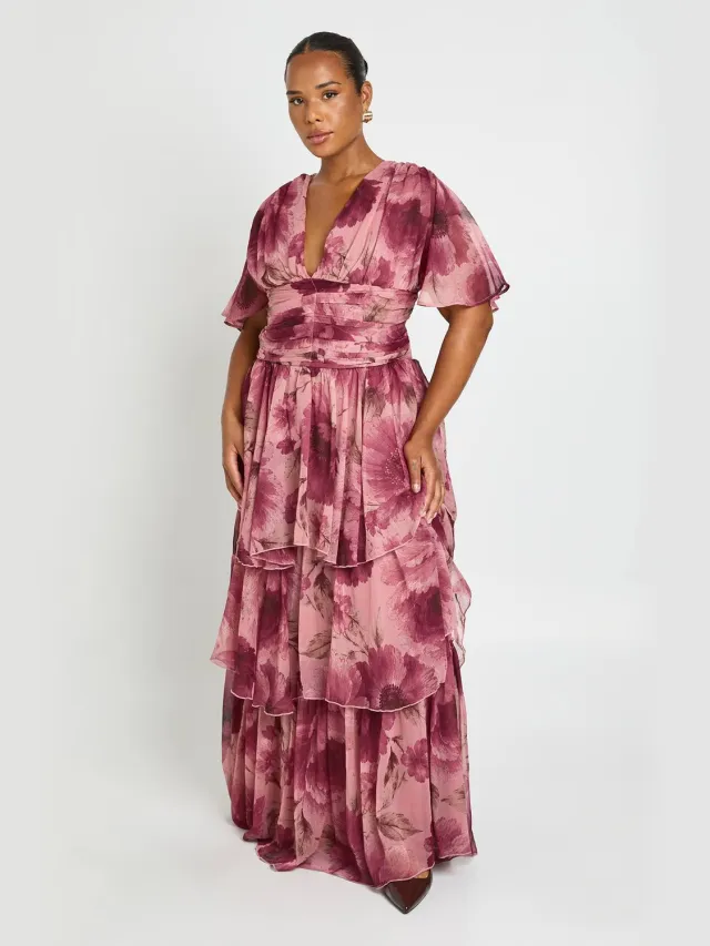boohoo Dames Plus Chiffon Gelaagde Maxi Jurk Met Diepe V-hals roos