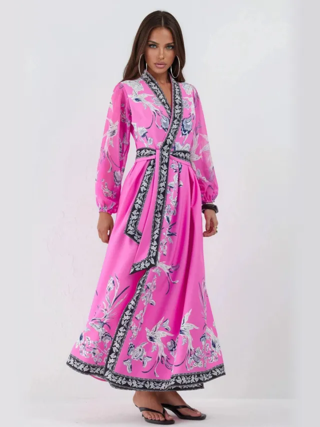 MSN Collection Bloemen V-hals Maxi Wikkeljurk met Ceintuur Veelkleurig