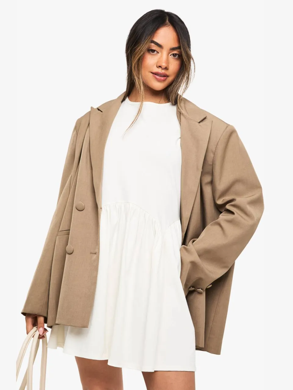 boohoo Dames Katoenen Smock Jurk met Gebogen Zoom wit, foto 3