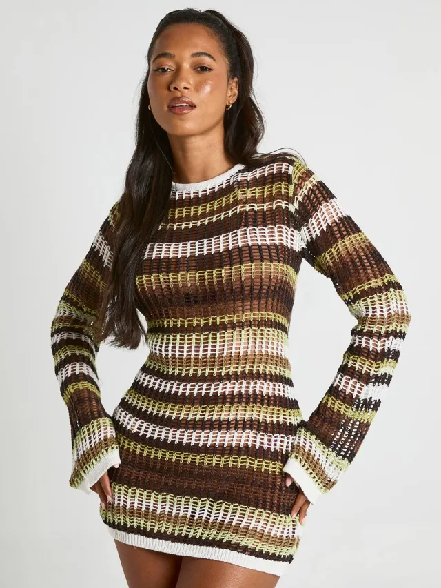 boohoo Dames Strand Gehaakte Streep Gebreide Mini-jurk Met Uitlopende Mouwen Neutral