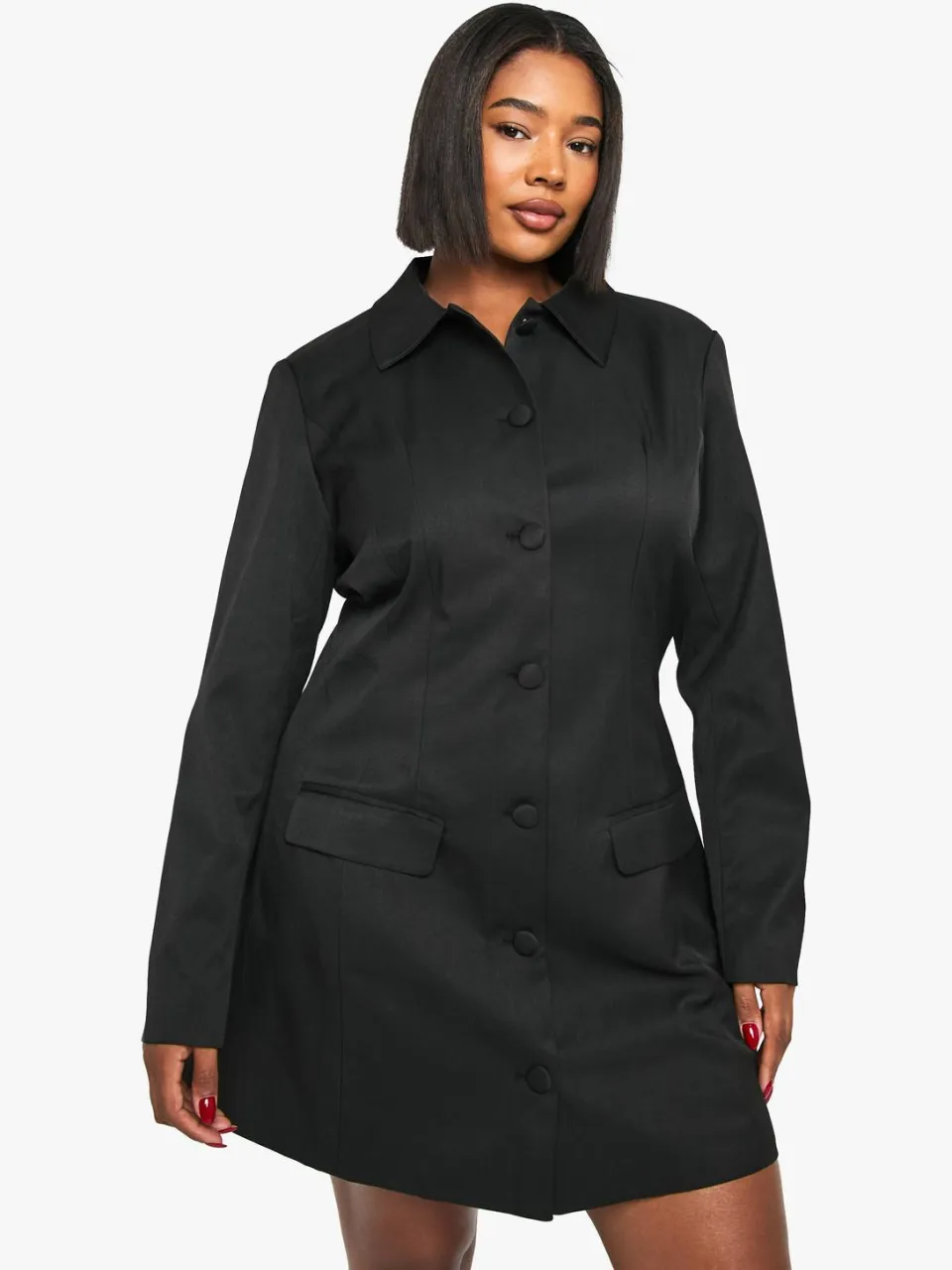 boohoo Dames Plus Button Down Kraag Getailleerde Jurk Zwart