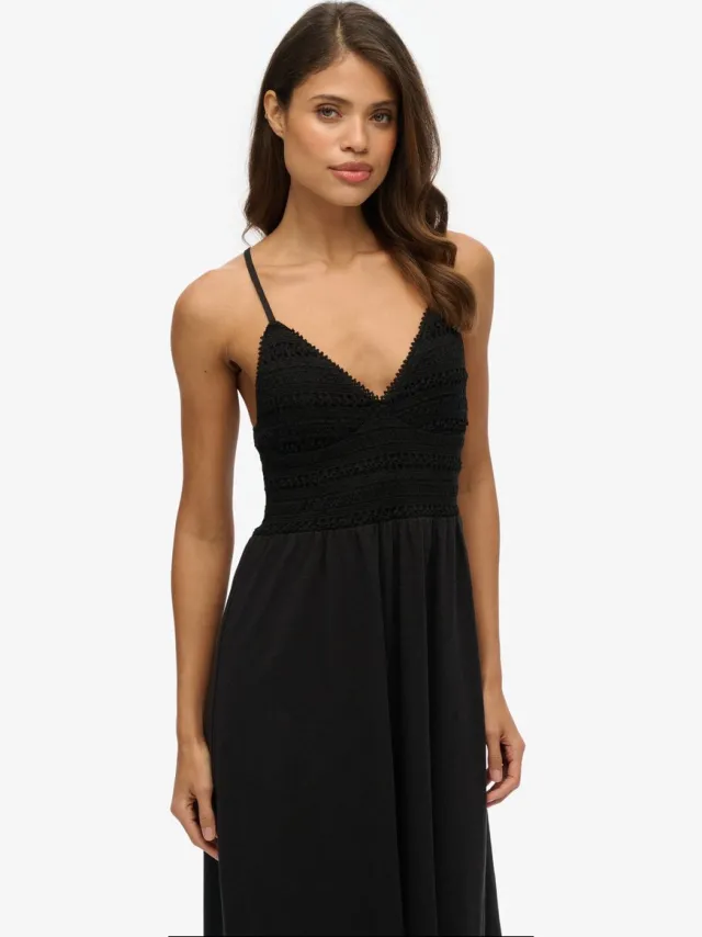 Superdry Jersey maxi-jurk met kant - Dames - Jurken black