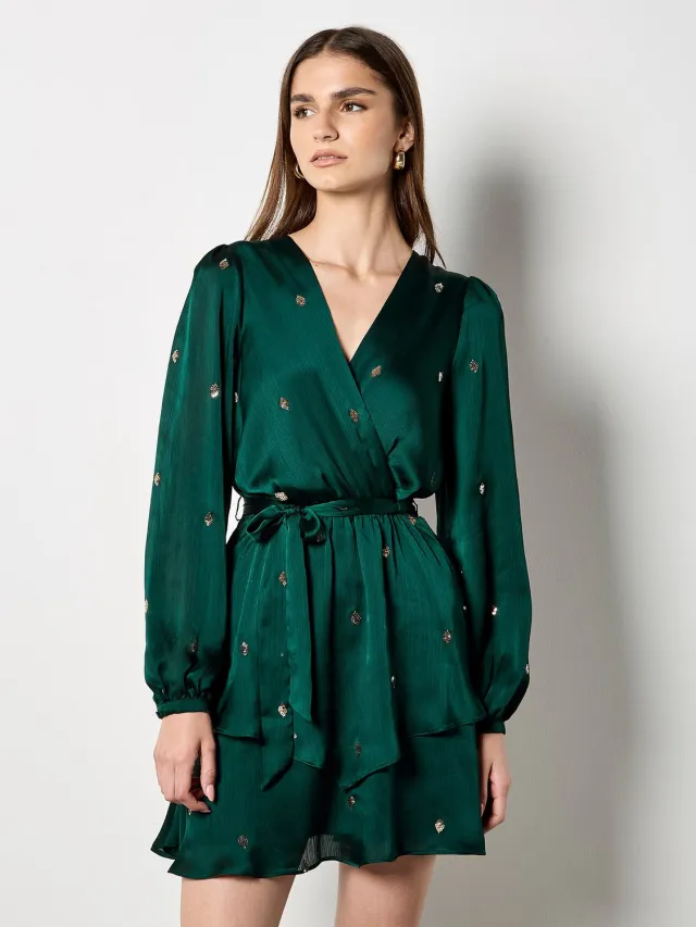 Apricot Mini-wikkeljurk van satijn met pailletten Groen