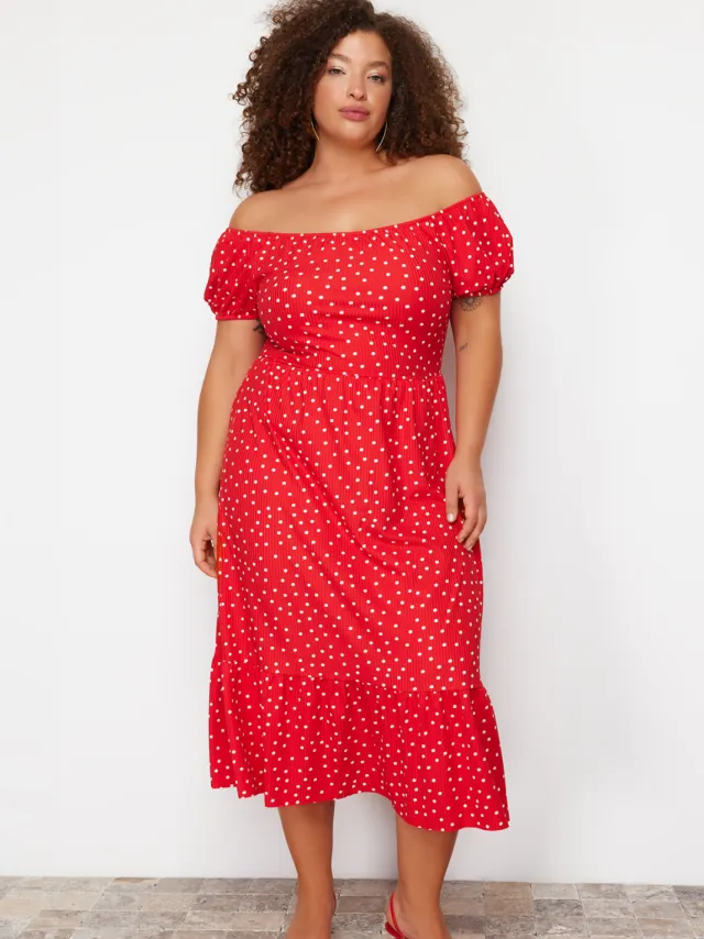 Trendyol Curve Dames Rood Bloemen Maxi Kort Stijlvol/Avond A-lijn Grote maten Jurk