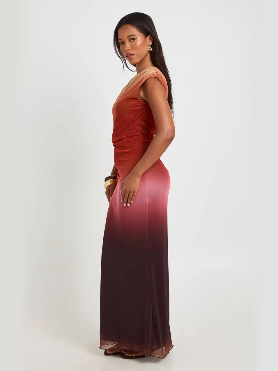 boohoo Dames Ombre Bedrukte Mesh Asymmetrische Hals Maxi Jurk oranje, foto 3