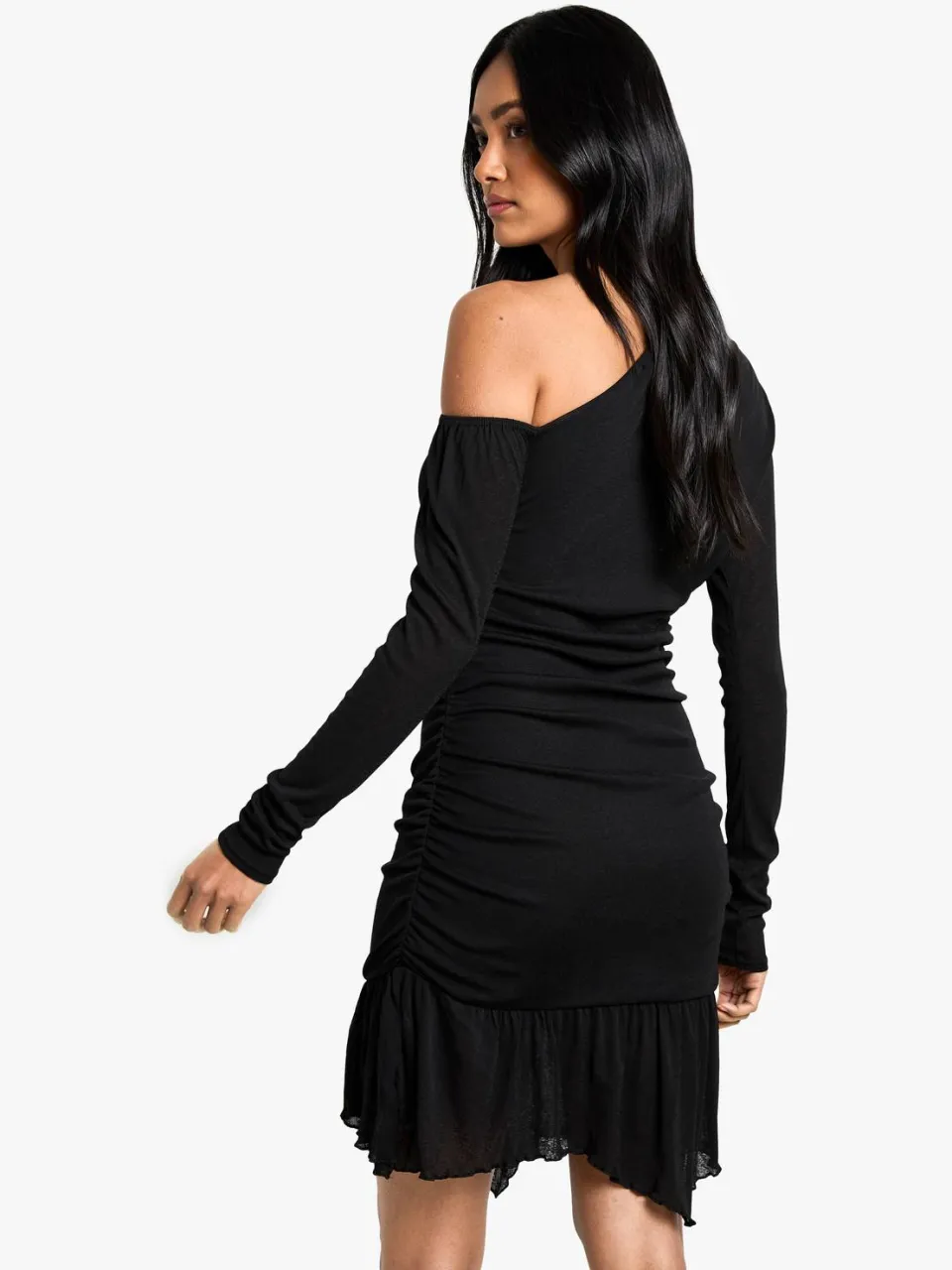 boohoo Dames Burnout Mesh Gerafelde Mini Jurk zwart, foto 2