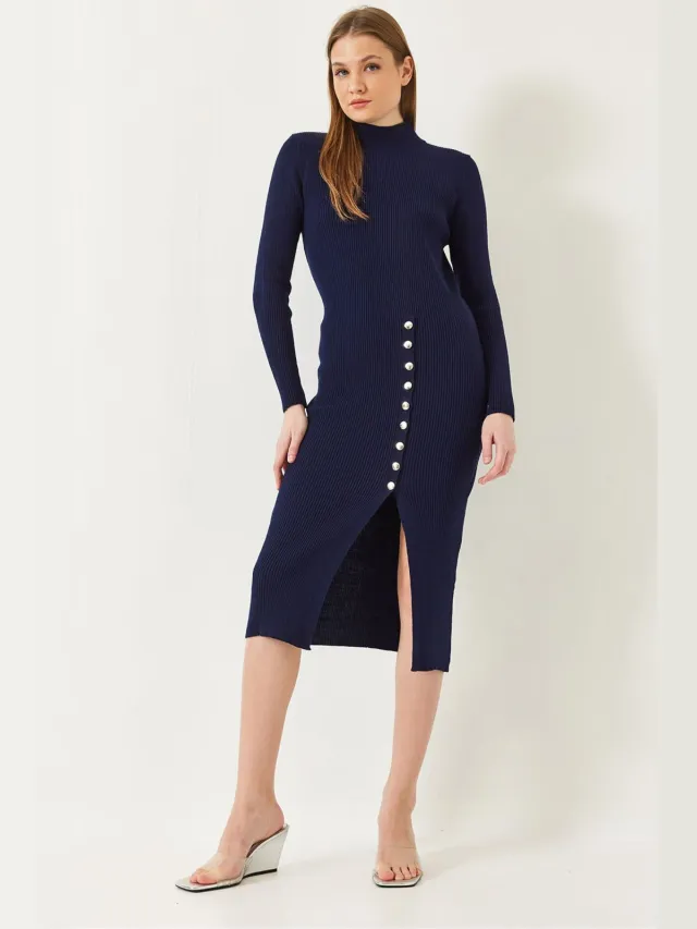 Bianco Lucci Geribbelde Textuur Coltrui Midi Gebreide Jurk Marineblauw