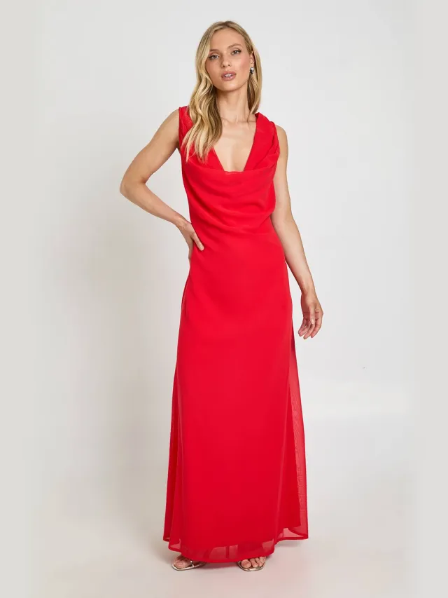 boohoo Dames Petite Chiffon Maxi Jurk Met Waterval Halslijn Rood
