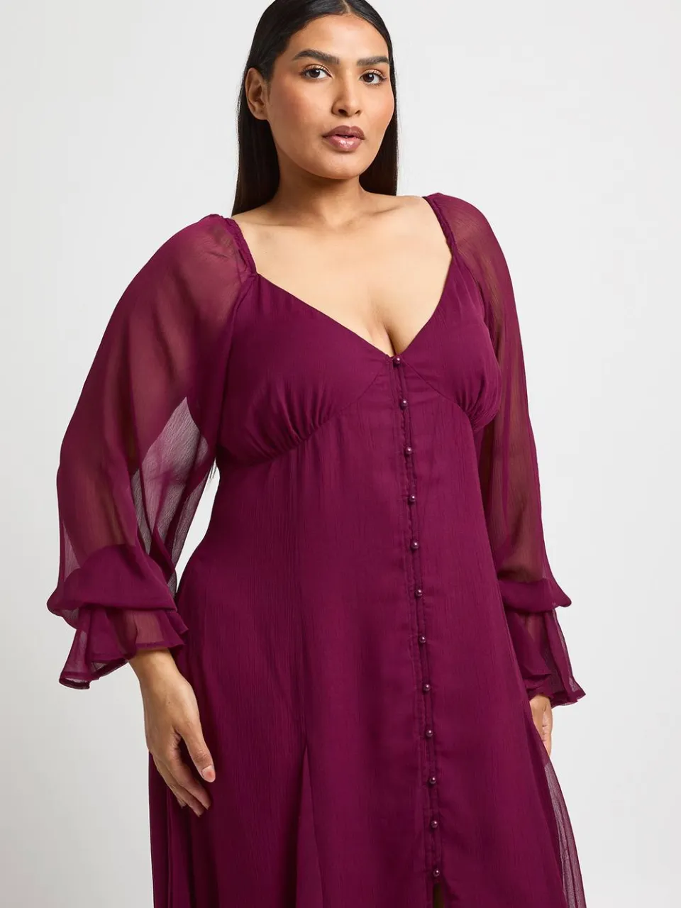 boohoo Dames Plus Midi-jurk Met Gestructureerde Chiffon En Godet Zoom kersen, foto 4