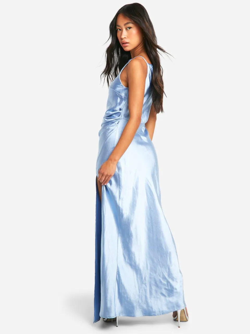 boohoo Dames Bruidsmeisje Satijn Maxi-jurk met uitgesneden halslijn blauw, foto 2