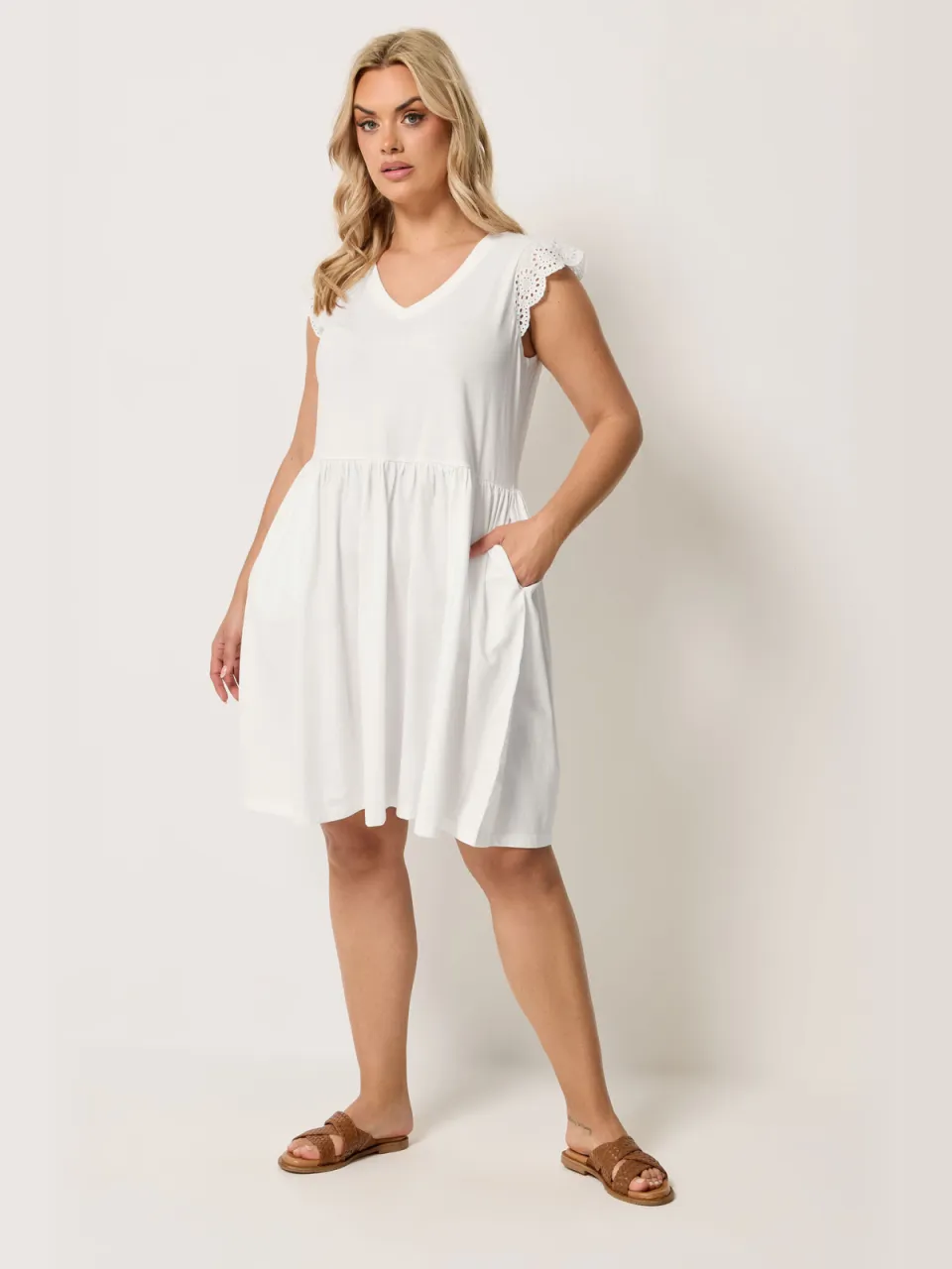 Yours Witte Jurk Met Broderie Anglaise En Peplum-64, foto 2