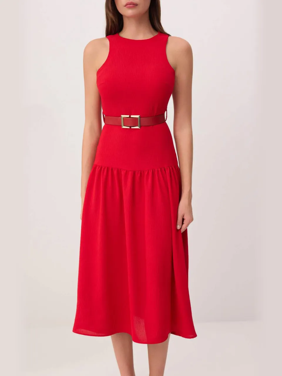 Trendyol TRENDYOLMİLLA Dames Rood Effen Midi Mouwloos Skater Jurken, foto 2