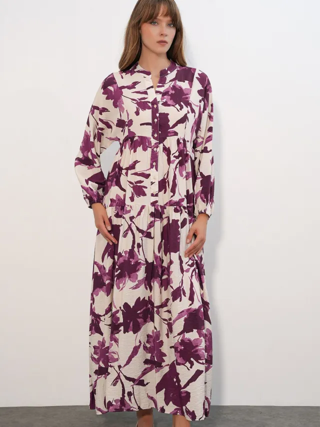 Big Dart Floral Maxi Jurk Met Mandarijnkragen Veelkleurig
