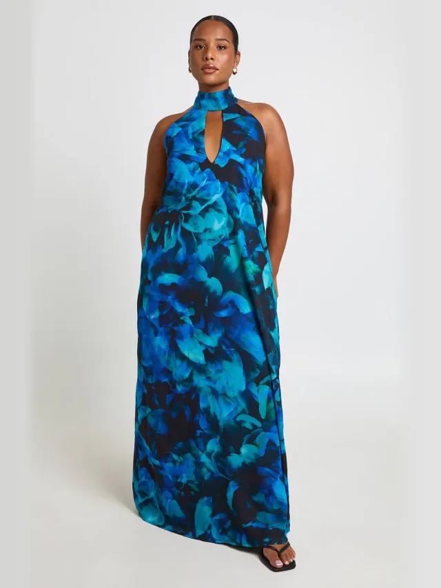boohoo Dames Plus Plunge Halterneck Chiffon Maxi Jurk Zwart