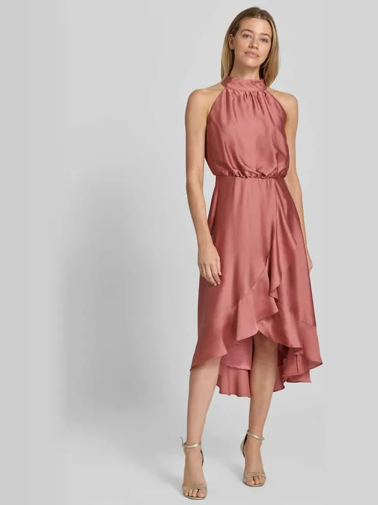 Swing Cocktailjurk met opstaande kraag en volants Terracotta