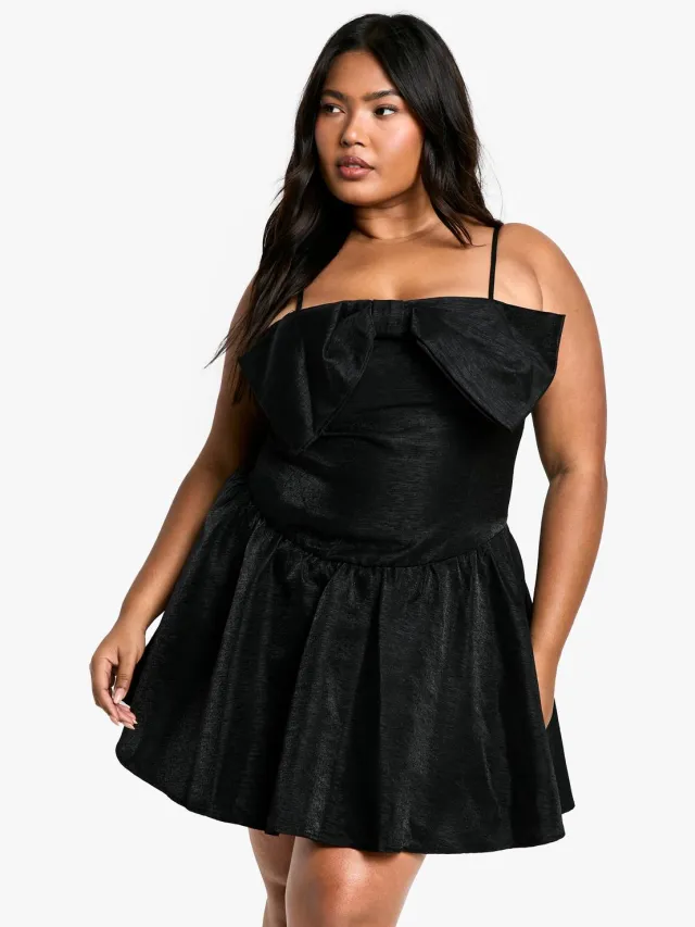boohoo Dames Plus Strappy Bow Detail Skaterjurk Zwart