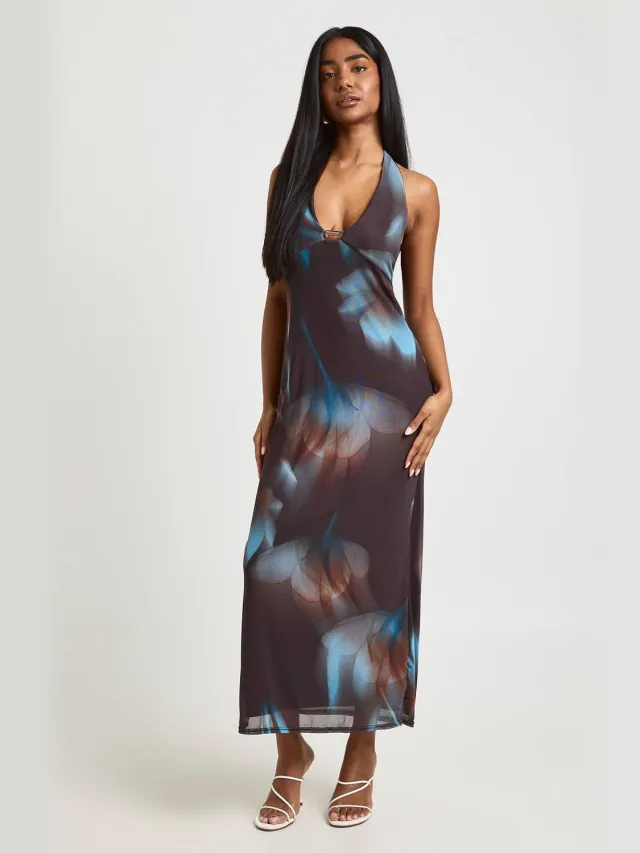 boohoo Dames Gebloemd Mesh Midaxi-jurk Met Diep Decollete En Kralendetail Chocoladebruin