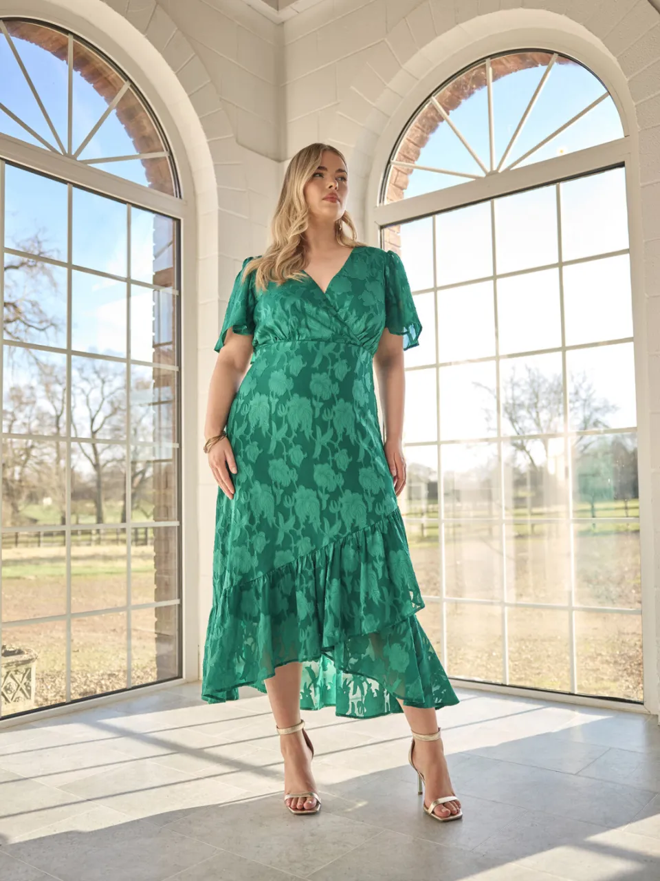 Yours London Wikkeljurk Met Jacquard Bloemenmotief En Ruchezoom In Groen, foto 3