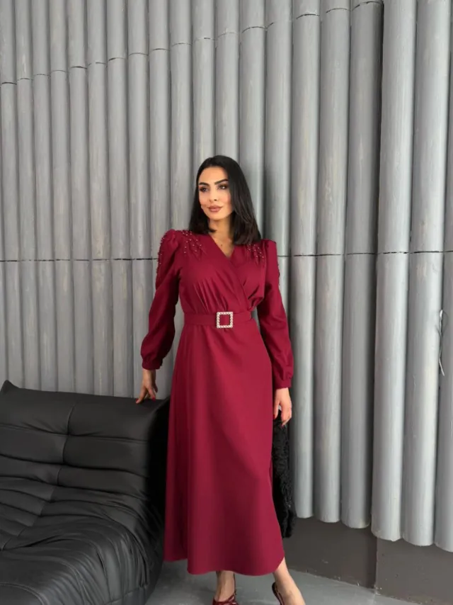 MSN Collection Gestrikte A-lijn Midi-jurk Bordeauxrood