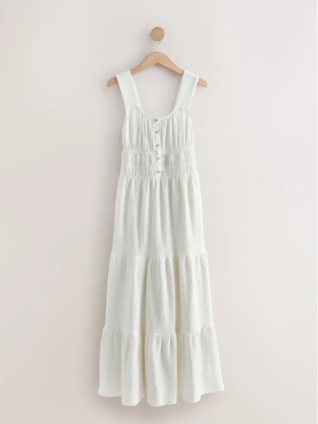 Next Dames - Mouwloze jersey midi-zomerjurk met textuur - Wit Ecru White